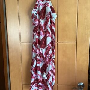 Clube Bossa cream with magenta banana palm frond print sundress
